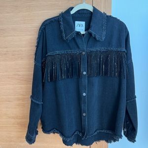 Zara Denim Button Collar Shirt with Fringe and Rhinestones